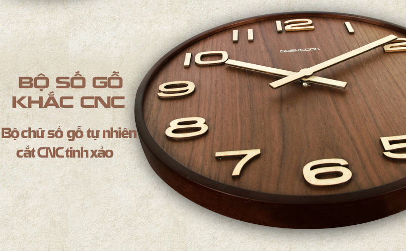 Đồng hồ treo tường gỗ cao cấp GeekCook - Dạng kim trôi, khung viền nguyên khối