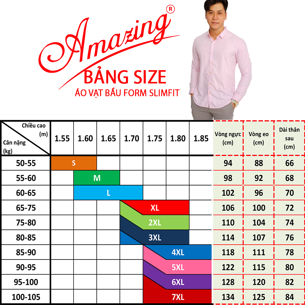 Áo sơ mi nam form body slim fit,  phong cách Hàn, không túi, vải Bamboo màu trơn, hiệu Amazing
