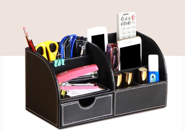 Yapi Shi leather desktop multi-function storage box finishing box creative office supplies pen holder stationery storage box living room coffee table remote control storage box black needle