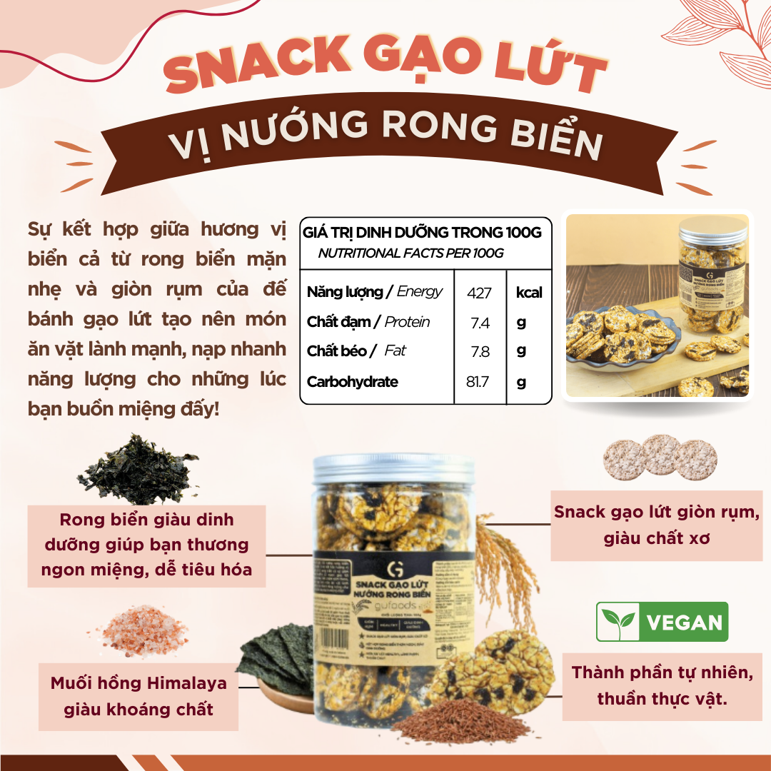 Snack gạo lứt ngũ cốc nguyên hạt GUfoods - Không chiên dầu, Đa dạng hương vị, Thanh đạm, Lành mạnh, Phù hợp Eat clean, Ăn vặt healthy, Tiện lợi, Thuần chay