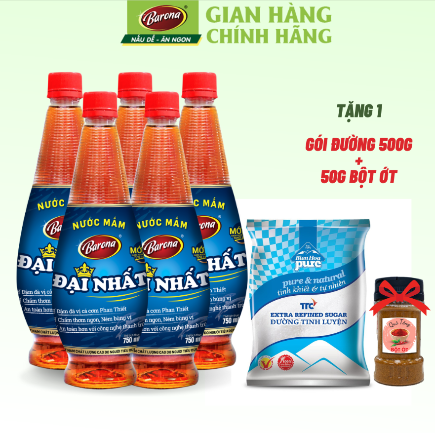 Combo 5 chai Nước Mắm Barona Đại Nhất 12 Độ Đạm - 750ml tặng 1 gói đường Biên Hòa 500gr, Bột ngọt 100gr, 50gr bột ớt