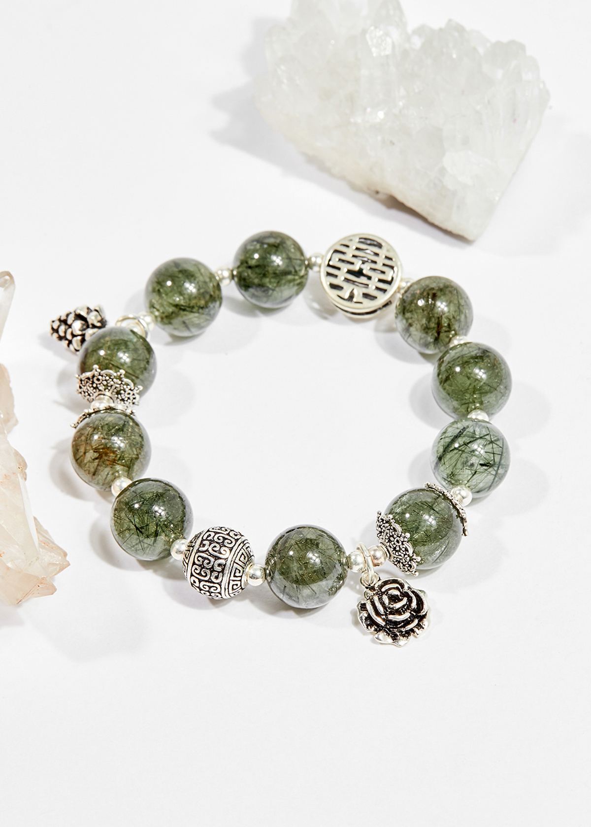 Vòng tay phong thủy đá thạch anh tóc xanh charm hoa hồng 12mm mệnh hỏa , mộc - Ngọc Quý Gemstones