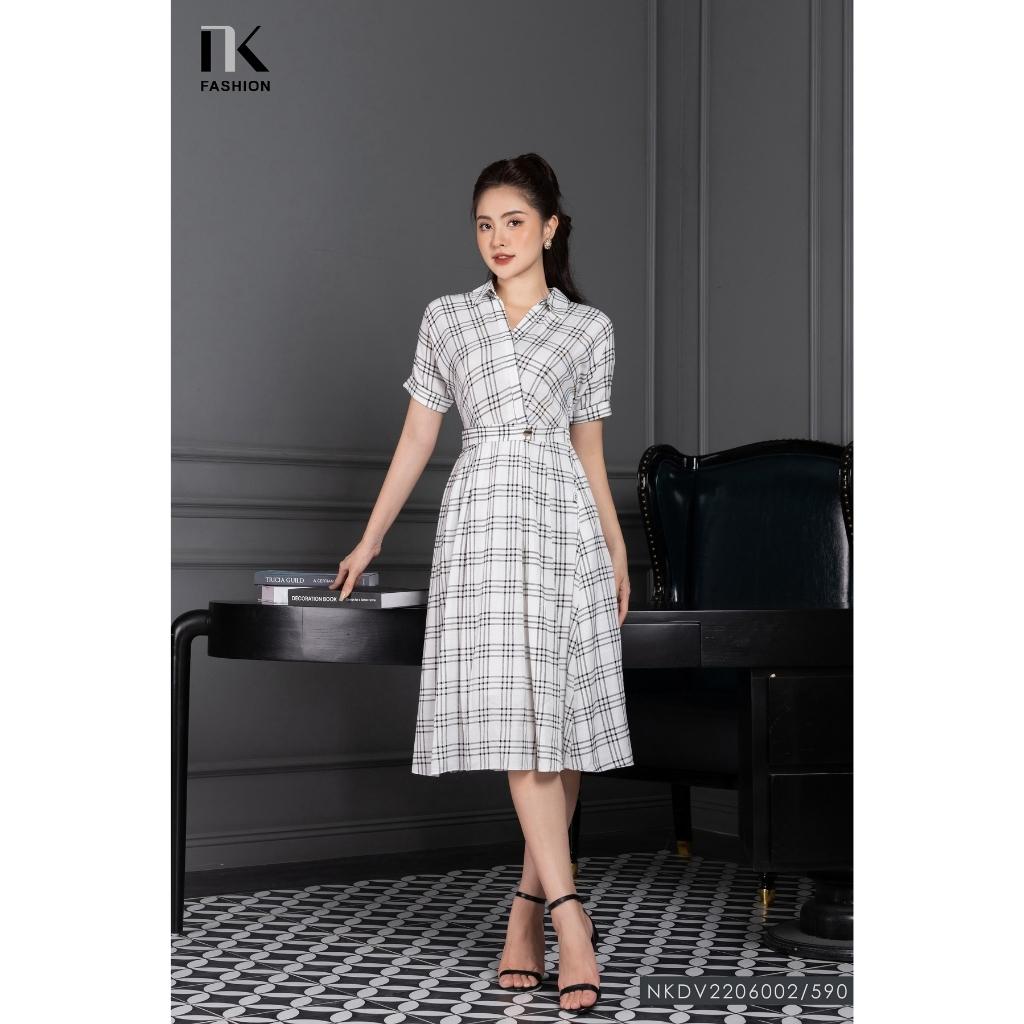 Đầm Tay Cánh Dơi NK Fashion Thiết Kế Xếp Ly Hoạ Tiết Kẻ Ô Xinh Xắn, Chất Vải Mềm Nhẹ NKDV2206002
