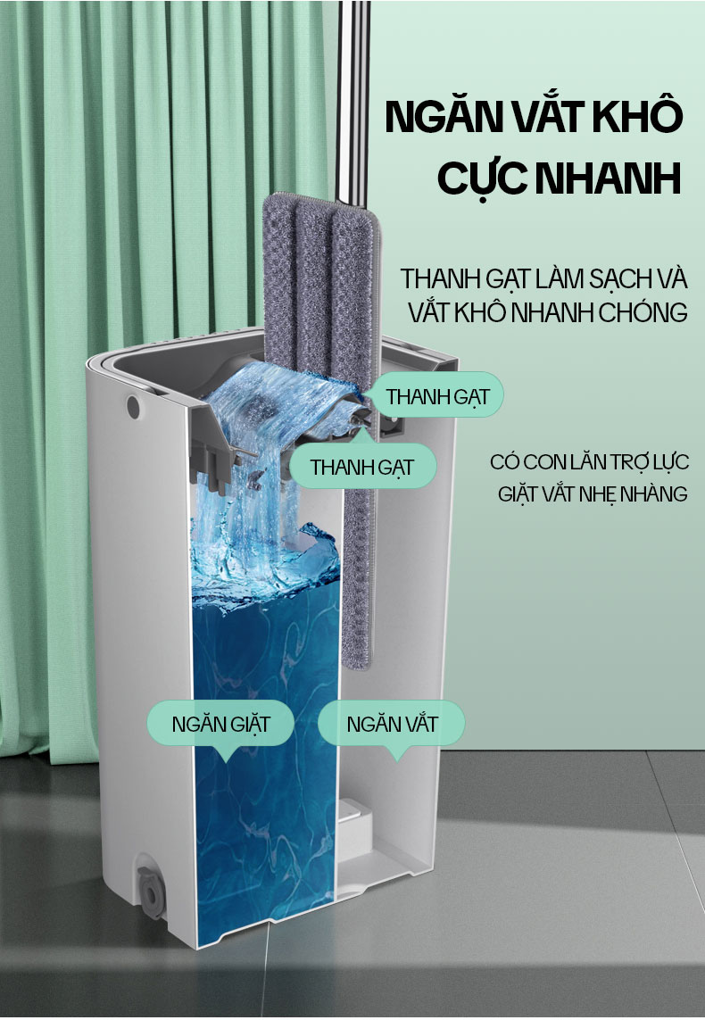 Bộ Cây Lau Nhà KITIMOP C6 PLUS-PRO, Thùng Lau Nhà Tự Vắt Thông Minh, Chổi Lau Nhà Xoay 360 Độ, Lau Sàn Làm Sạch