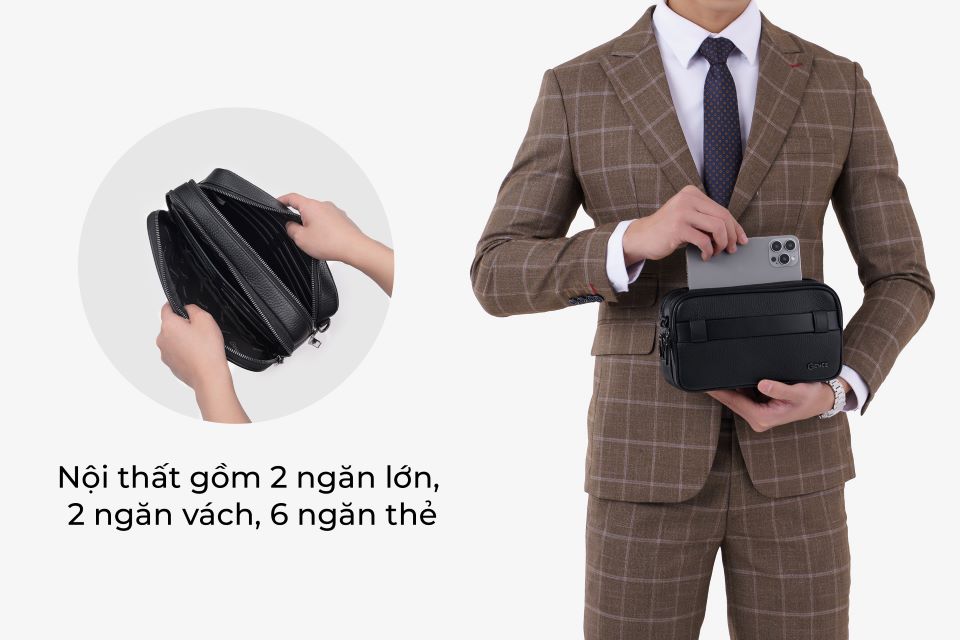 Clutch Đeo Chéo Ví Nam Cầm Tay GENCE RB08 Da Bò Khóa Vân Tay Cao Cấp Màu Đen