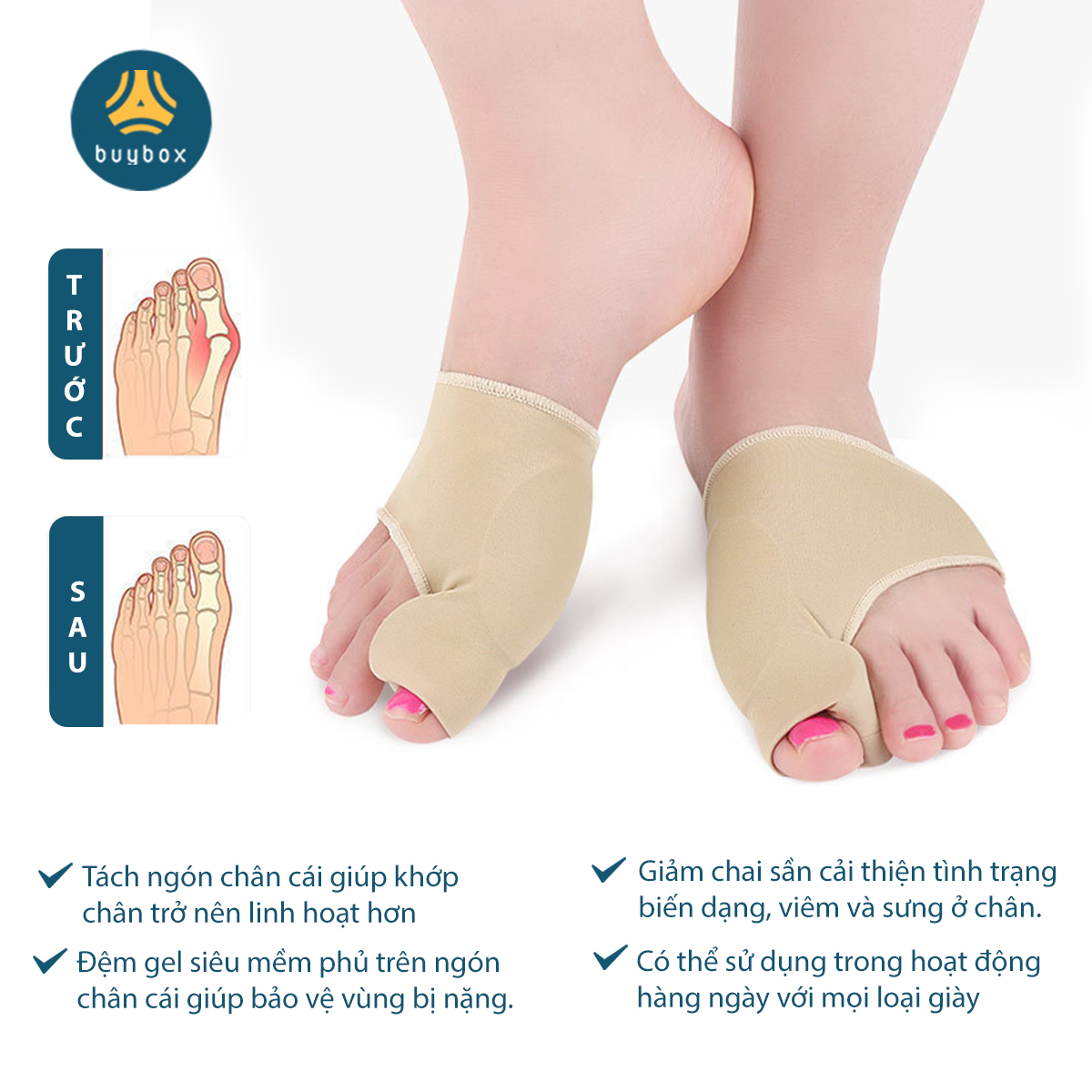 Vớ cotton pha vật liệu đàn hồi SEBS bảo vệ và chỉnh hình tách ngón chân cái bị vẹo Hallux Valgus - Buybox - BBPK278