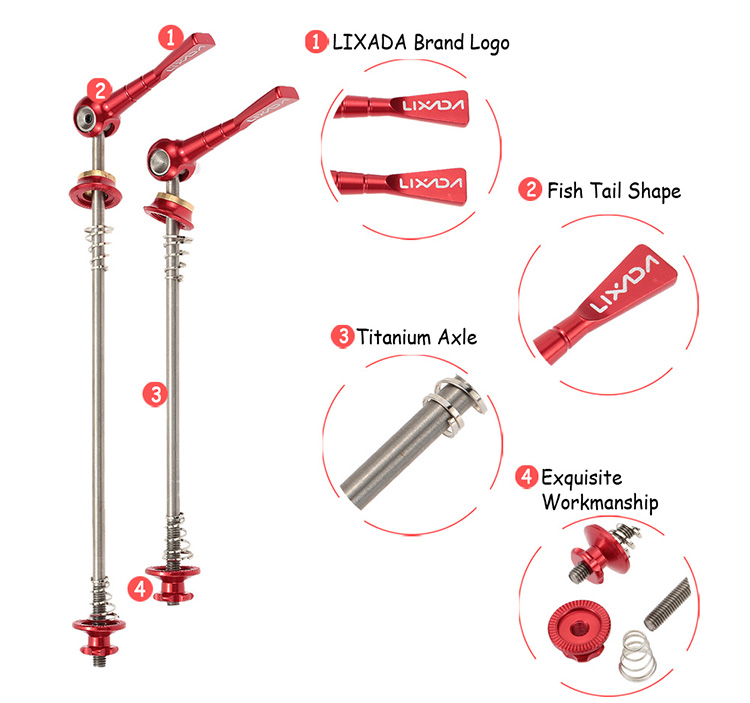 Lixada 2Pcs Ultralight Bicycle Skewers Quick Release Titanium Axle QR Skewer Mountain Road Bike Bicycle Cycling MTB - Red
