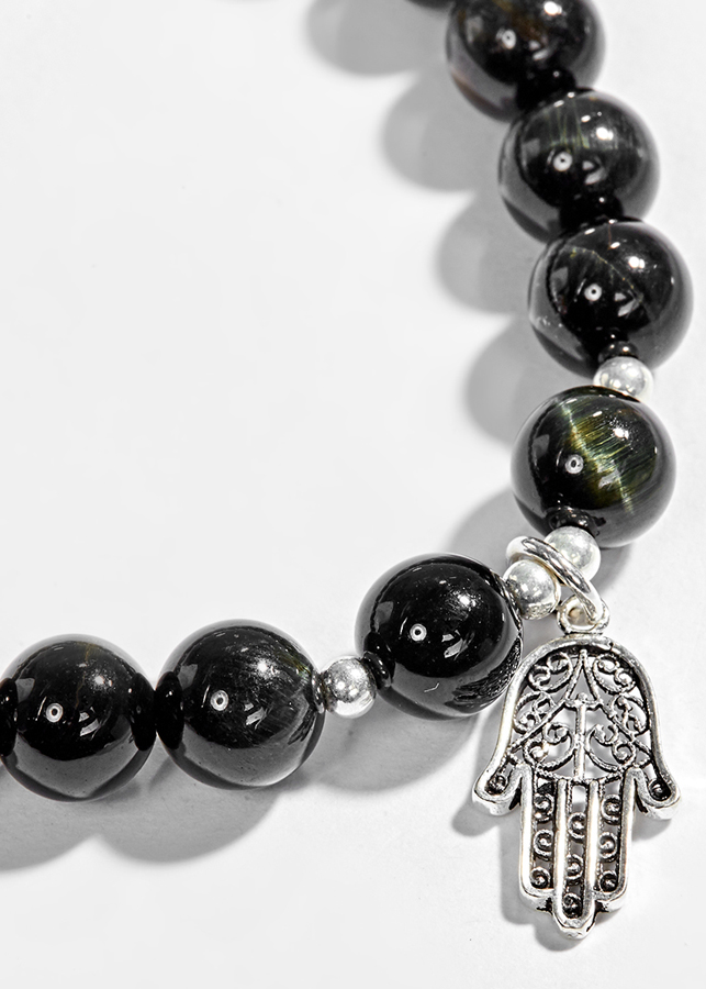 Vòng Tay Đá Mắt Hổ Xanh Đen Phối Bàn Tay Hamsa Bạc Ngọc Quý Gemstones