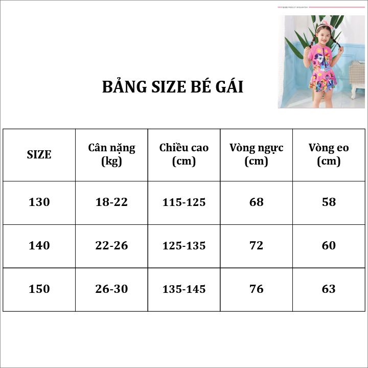 Bảng size bé gái