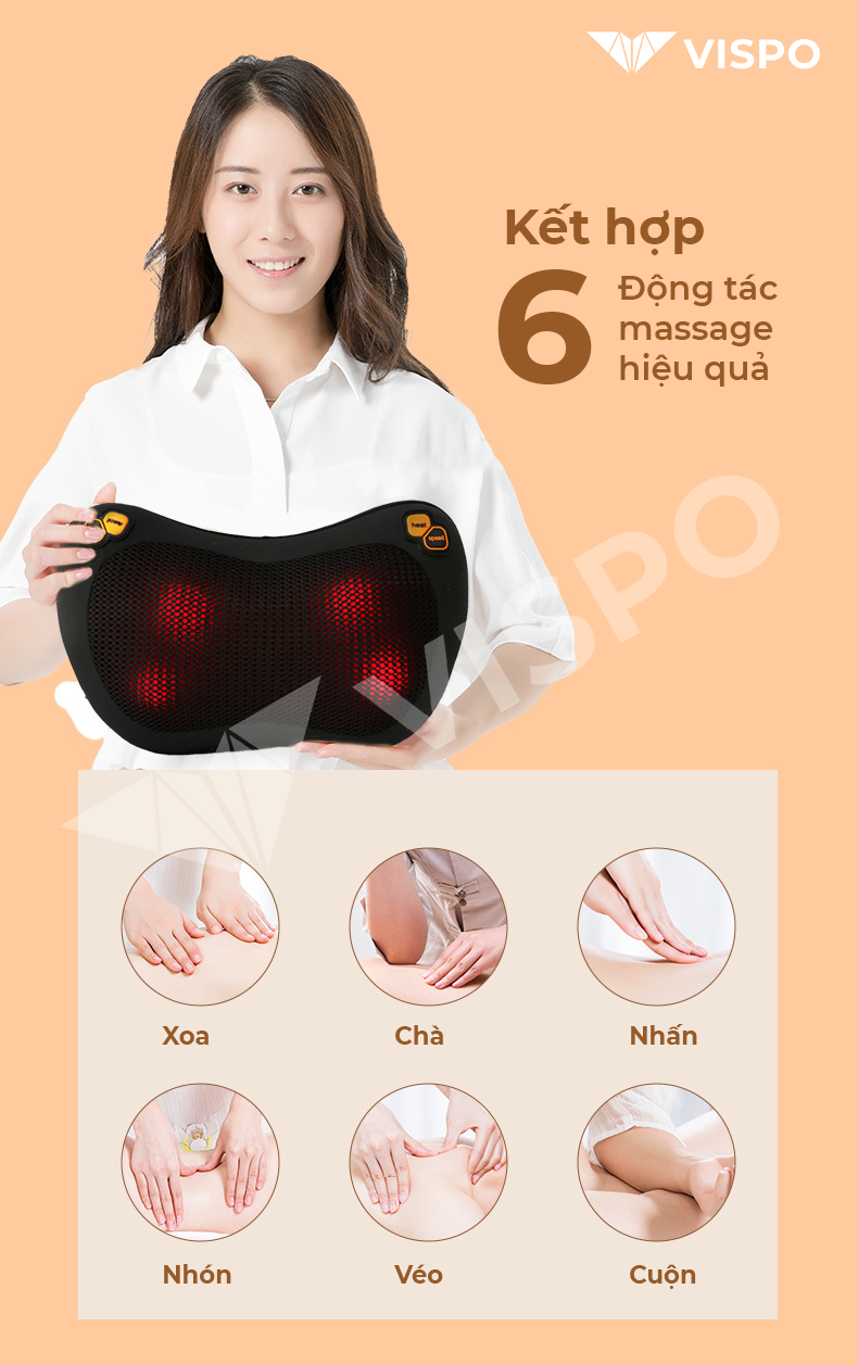 Gối Massage Nhiệt Hồng Ngoại VISPO VP-G23 - 4 Bi Xoay Chuyên Dùng Cho Cổ, Vai, Gáy, Thắt Lưng Sử Dụng Tại Nhà, Văn Phòng Hoặc Trên Ô tô