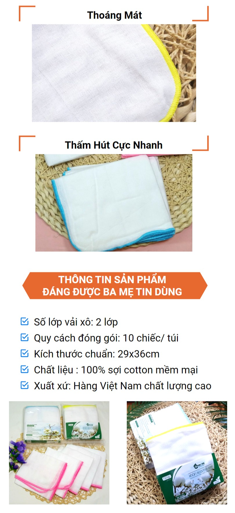 [Set 10 Chiếc] Khăn Sữa Cho Bé Sơ Sinh 2 Lớp Emom, 100% Cotton Cao Cấp, Siêu Mềm Mịn, Thoáng Mát 2