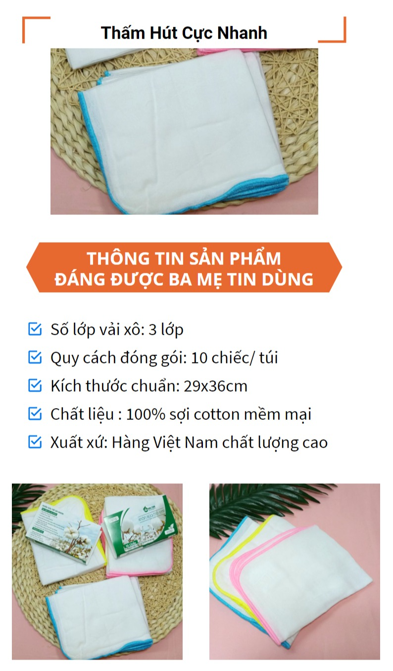 [Túi 10 Khăn] Khăn Xô Cho Bé 3 Lớp Cao Cấp EMOM, Siêu Thấm Hút, Mềm Mịn, Dày Dặn 5