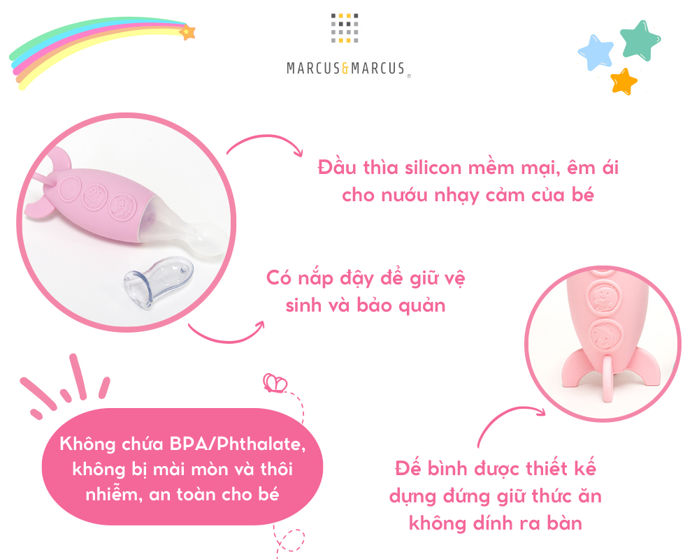 Bình bóp ăn dặm silicon có thìa Marcus & Marcus cho bé từ 6 tháng