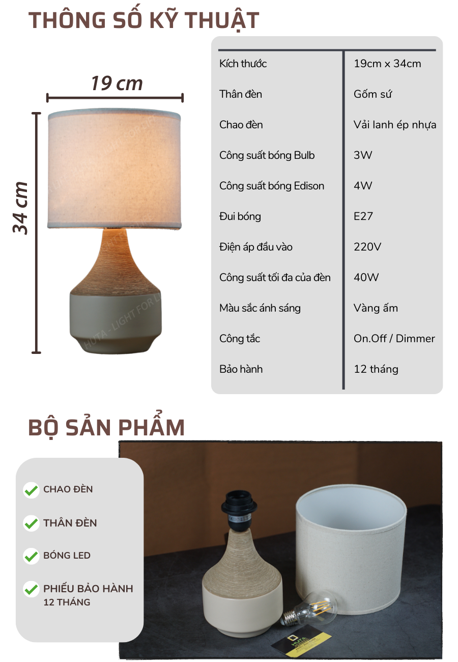 Đèn Ngủ Để Bàn Gốm Sứ Cao Cấp HUTA S14 Vân Màu Gỗ Độc Đáo Sang Trọng, Decor Trang Trí Phòng Ngủ, Khách Sạn, Đọc Sách Đầu Giường, Điều Chỉnh Độ Sáng, Ánh Sáng Vàng
