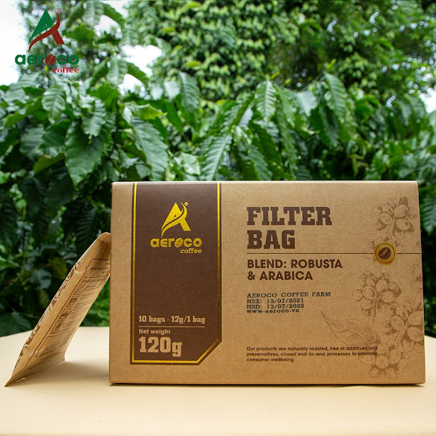 [Hộp 10 túi*12g] Cà phê phin giấy AEROCO nguyên chất 100% rang mộc hậu vị ngọt thơm quyến rũ