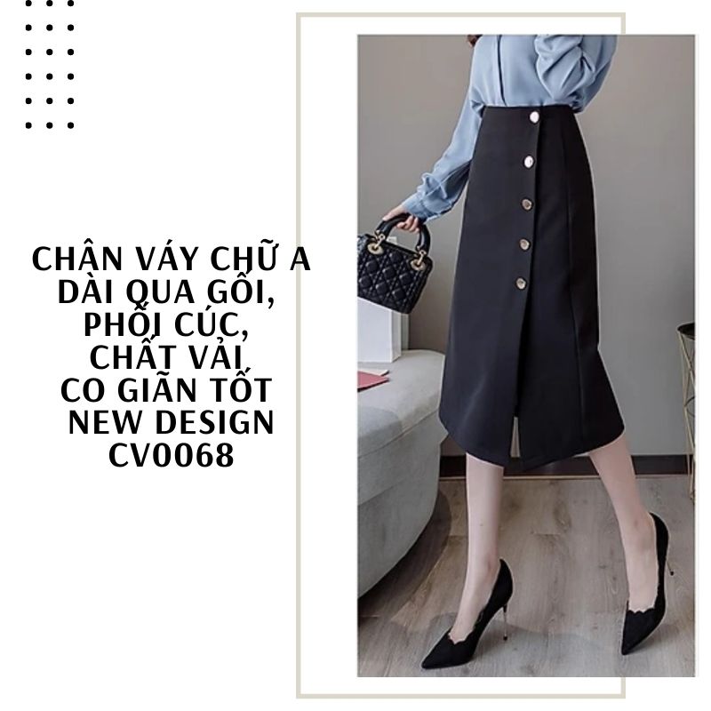 Chân Váy Công Sở New Design Dáng Chữ A Dài Qua Gối Hàng Thiết Kế Cao Cấp Chất Vải Tốt, Co Giãn Màu Đen CV0068