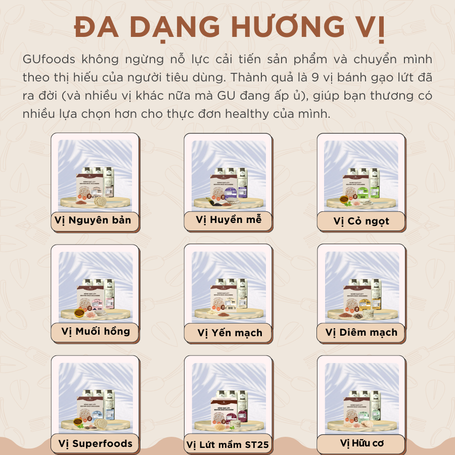 Bánh gạo lứt GUfoods (170g) - Không chiên dầu, Không đường, Từ gạo và ngũ cốc nguyên hạt, Lành mạnh, Phù hợp Eat clean, Ăn vặt healthy, Thực dưỡng, Tập gym, Thuần chay, Đa dạng hương vị