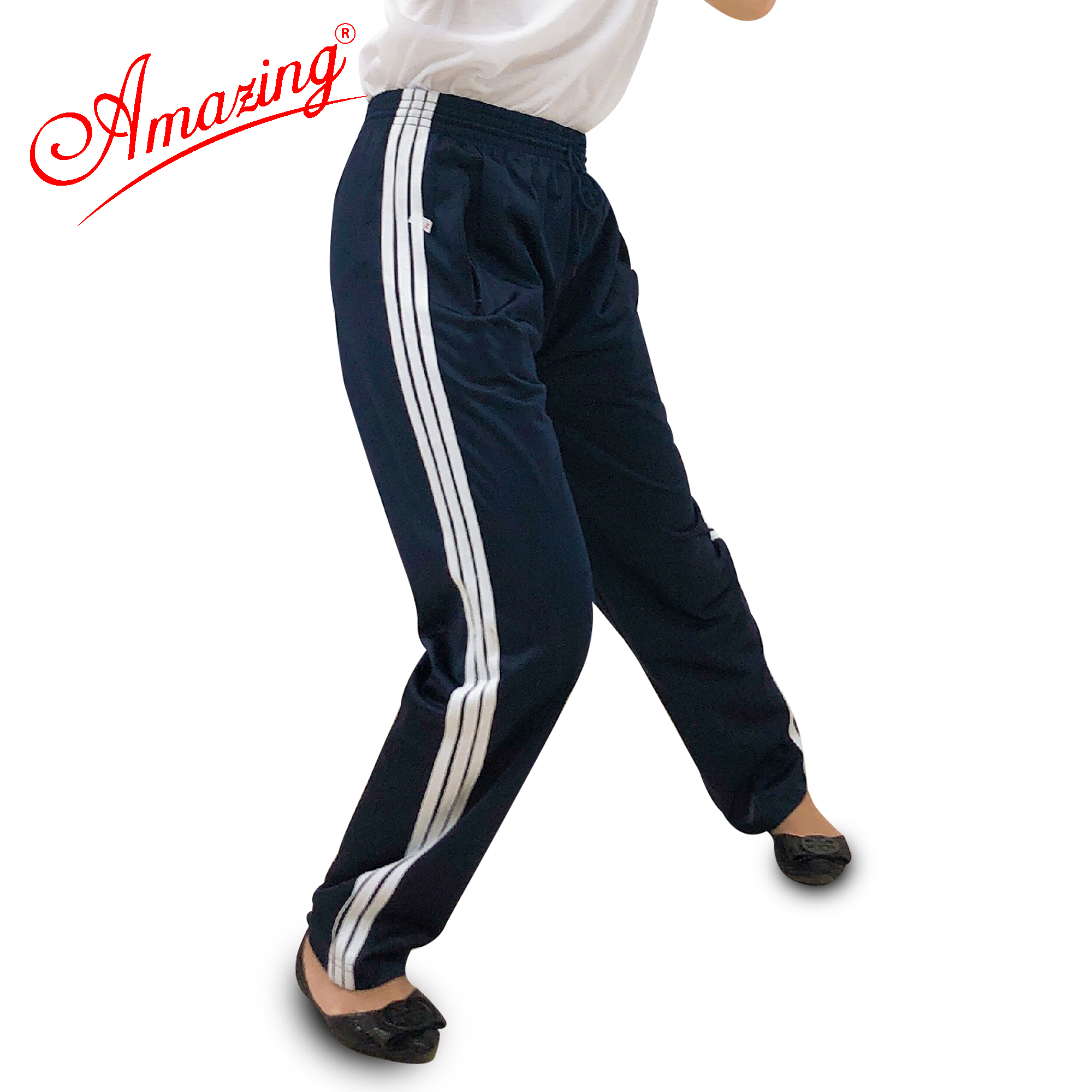 Quần tập thể dục cho nữ hiệu Amazing, 3 sọc trắng, đồ thể thao unisex, vải thun cào, size từ 15kg đến 110kg