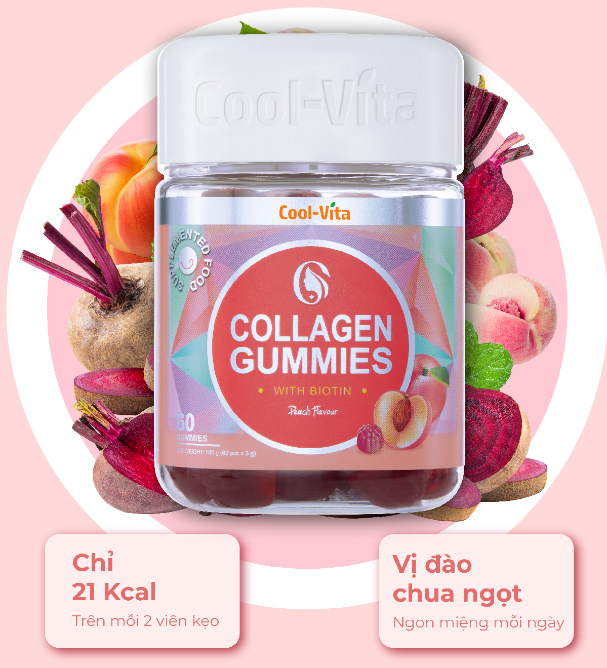 Combo 3 Hộp Kẹo Dẻo Collagen Hỗ Trợ Trẻ Hóa Sáng Da - Cải Thiện Sức Khỏe Tóc Móng Vị Đào Kết Hợp Biotin, Vitamin C & Vitamin E Coolvita (60 viên x 3g)/hộp