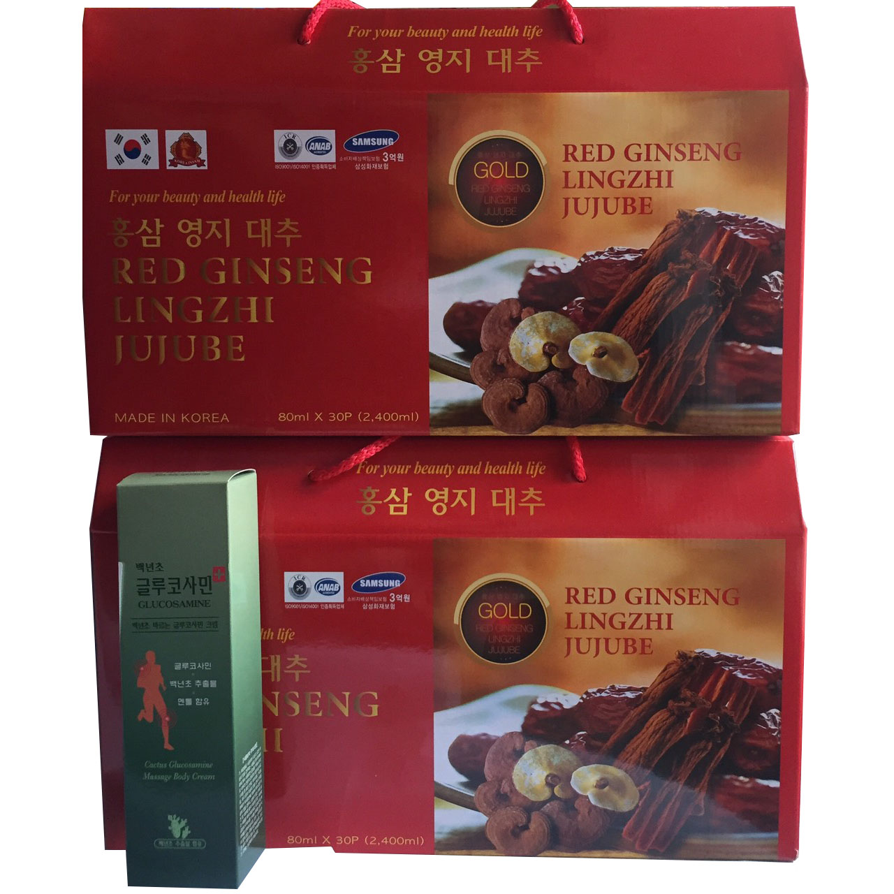 Combo 2 hộp nước hồng sâm Linh chi Táo đỏ Hàn Quốc-Red Ginseng Lingzhi Jujube Gold 30 gói x 80ml, nước sâm bịch, nước sâm,(KM 1 hộp dầu lạnh Glucosamine) 1