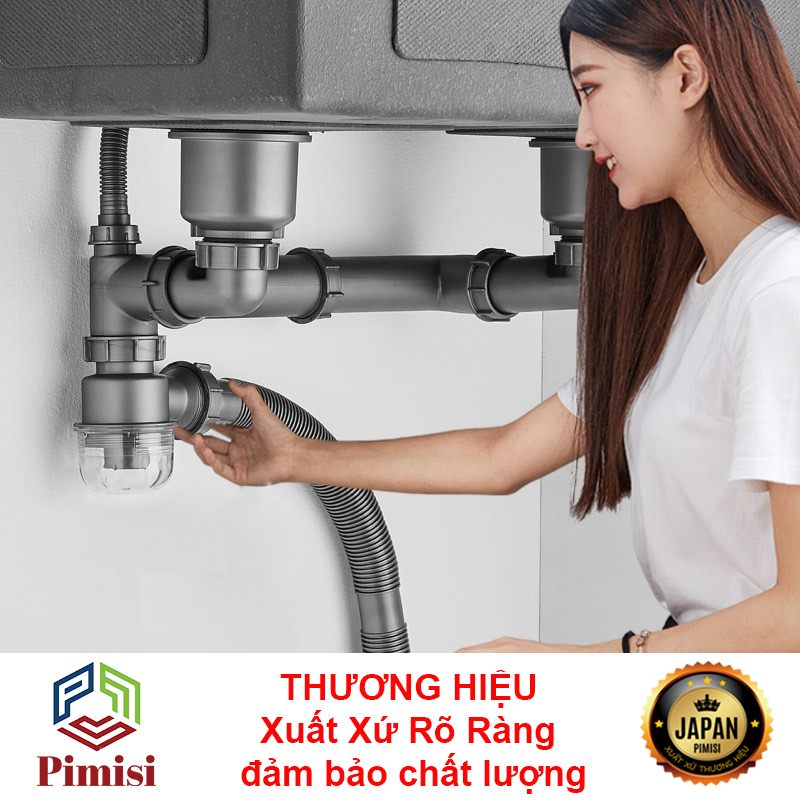 Bộ Xi Phông Xả Thải Bồn Rửa Chén Bát 2 Hố Phi 110-140 Pimisi Cao Cấp - Loại Ống Thải Nhựa Cứng Không Đọng Nước - Cốc Inox 304, Lọc Rác, Bầu Chống Mùi Hôi Và Giảm Dầu Mỡ Ống Dẫn - Có Thoát Tràn | Hàng Chính Hãng