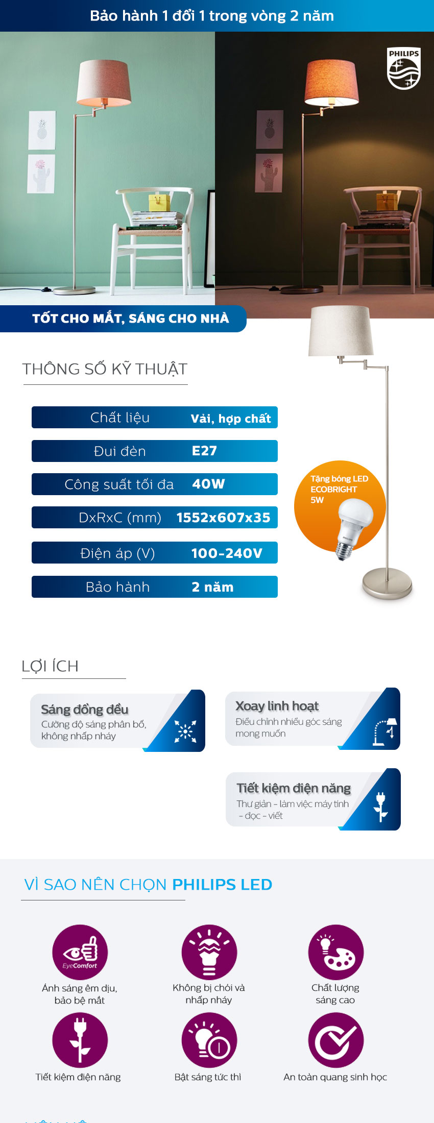 Đèn Trang Trí Để Bàn Philips 36134 Donne Floor Lamp (40W) - Tặng 1 Bóng Đèn LED Philips Ecobright 5W - Ánh Sáng Trắng - Hàng Chính Hãng