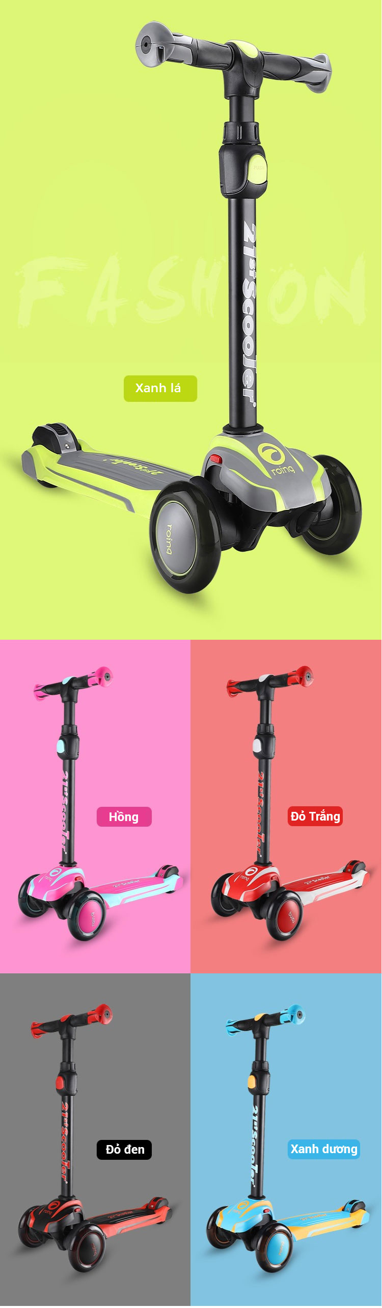 Xe trượt 3 bánh 21st scooter ROD3 chính hãng, có giảm xóc, đèn LED, tăng giảm chiều cao 5 cấp độ xịn cho bé trai và bé gái vận động ngoài trời nhiều màu sắc