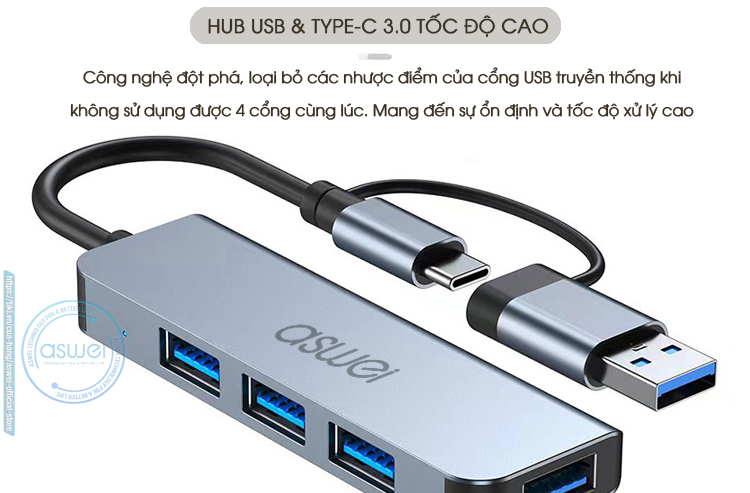 hub chia cổng usb, hub type c aswei 4in1