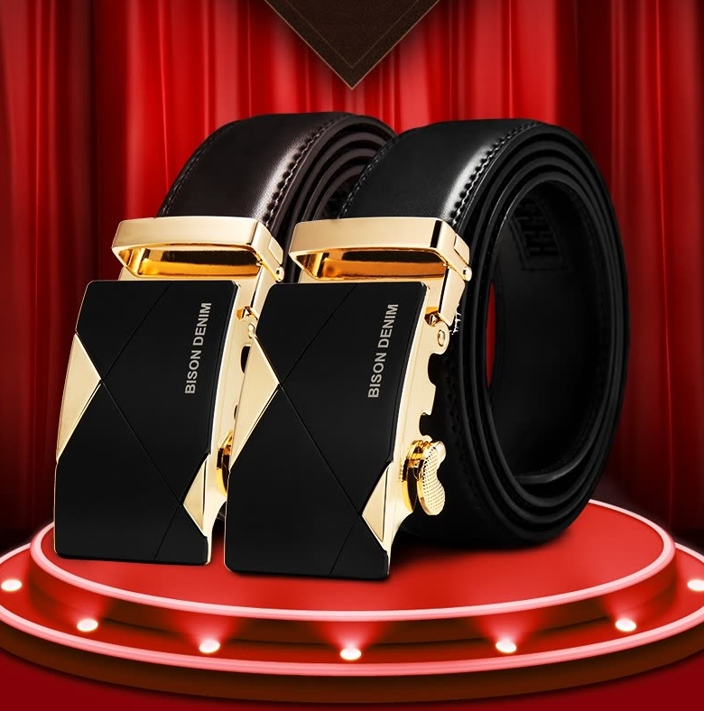 American Bison Men's Belt Leather Automatic buckle Korean Business Casual Belt N71355-1C Gold buckle coffee belt