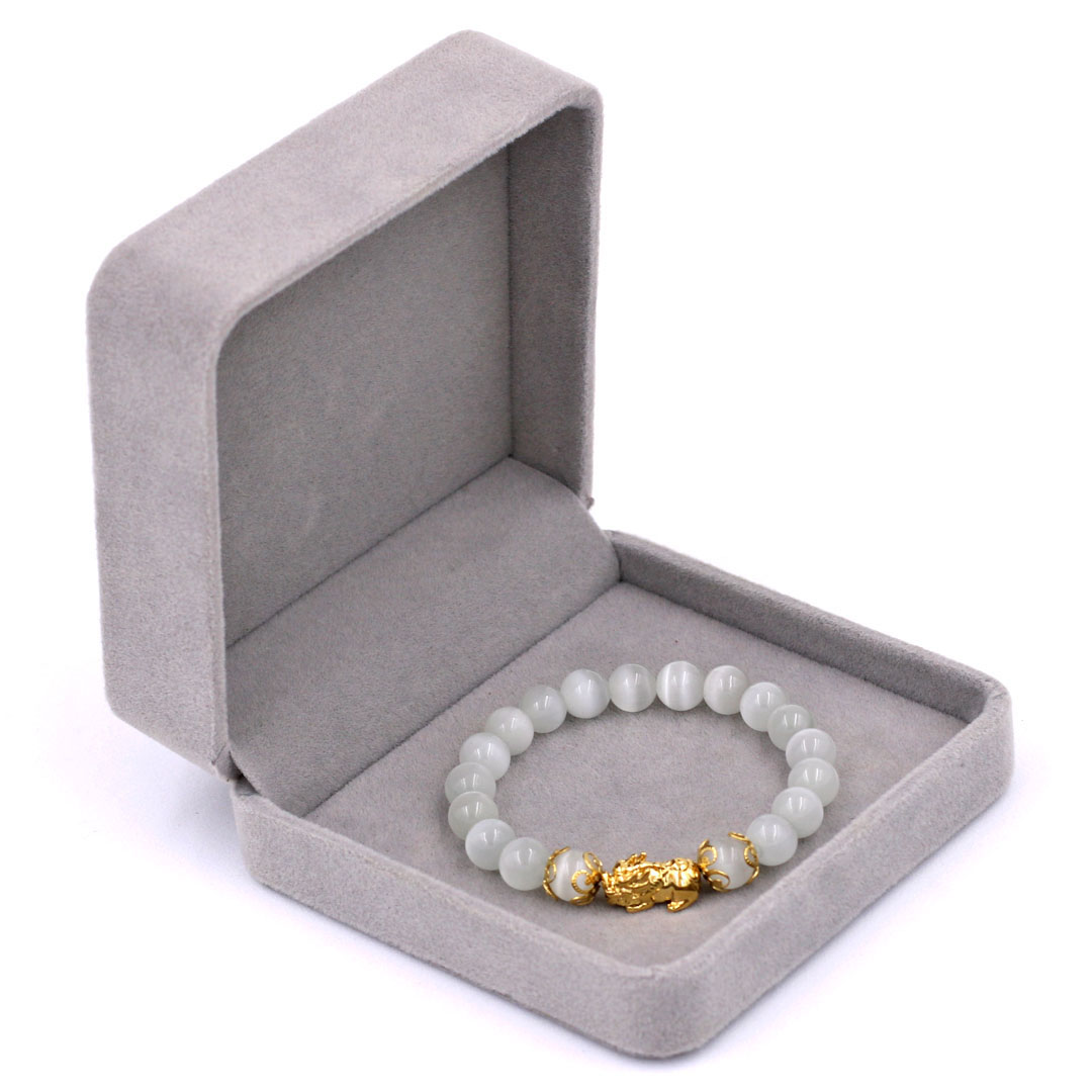 Vòng tay Đá Mắt Mèo Trắng 8 ly - cẩn Tỳ Hưu Phong Thủy inox vàng VMETTHHKV8 - hợp mệnh Kim, mệnh Thủy