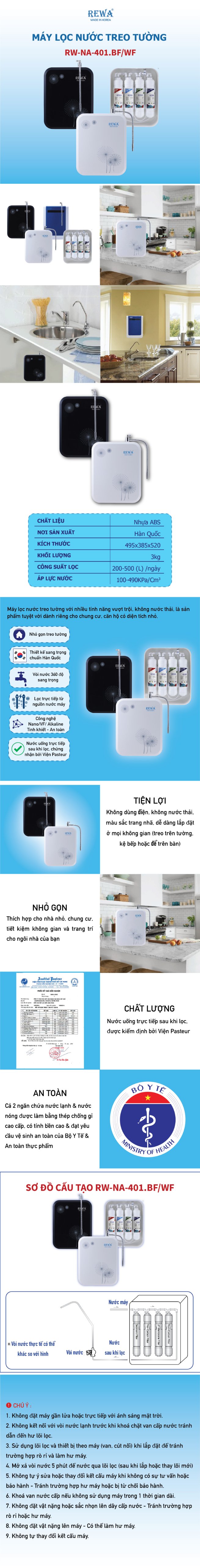 Máy Lọc Nước Treo Tường Rewa RW-NA-401.White.Hoavan - Hàng chính hãng