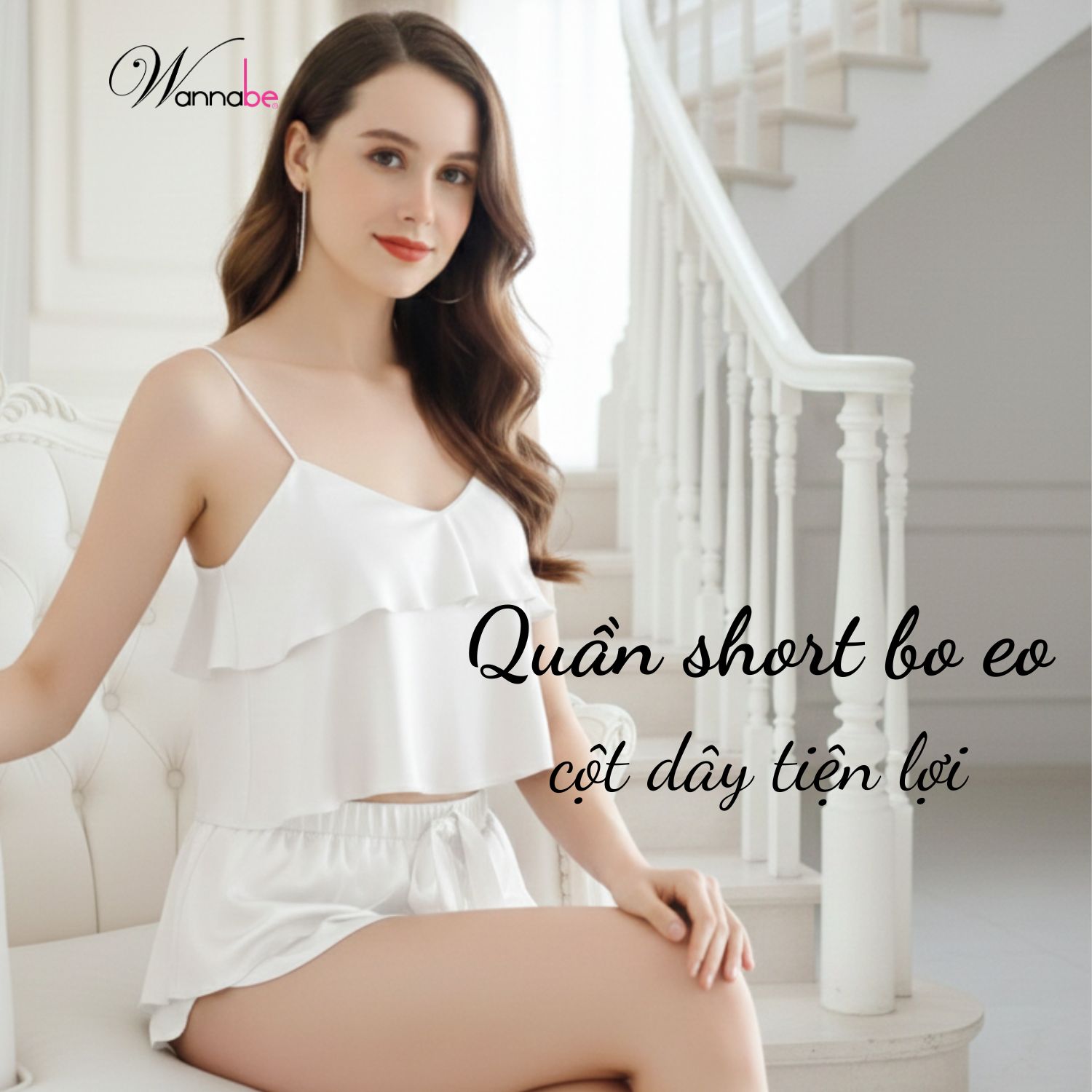 Đồ bộ mặc nhà WANNABE BSS05 đồ bộ quần sọt đắp bèo phối áo 2 dây crop top bèo tầng tạo độ phồng cho ngực
