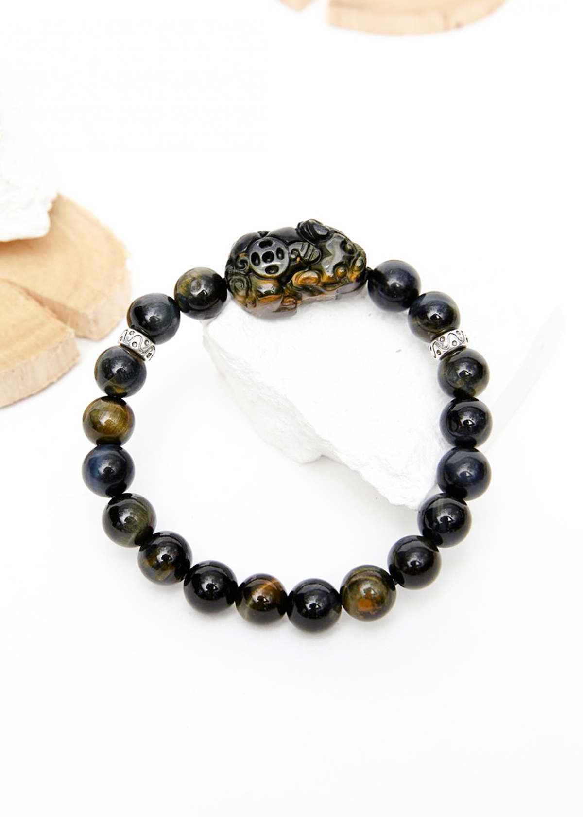 Vòng tay đá thạch anh mắt hổ xanh đen phối tỳ hưu đá 8mm mệnh thủy, mộc - Ngọc Qúy Gemstones