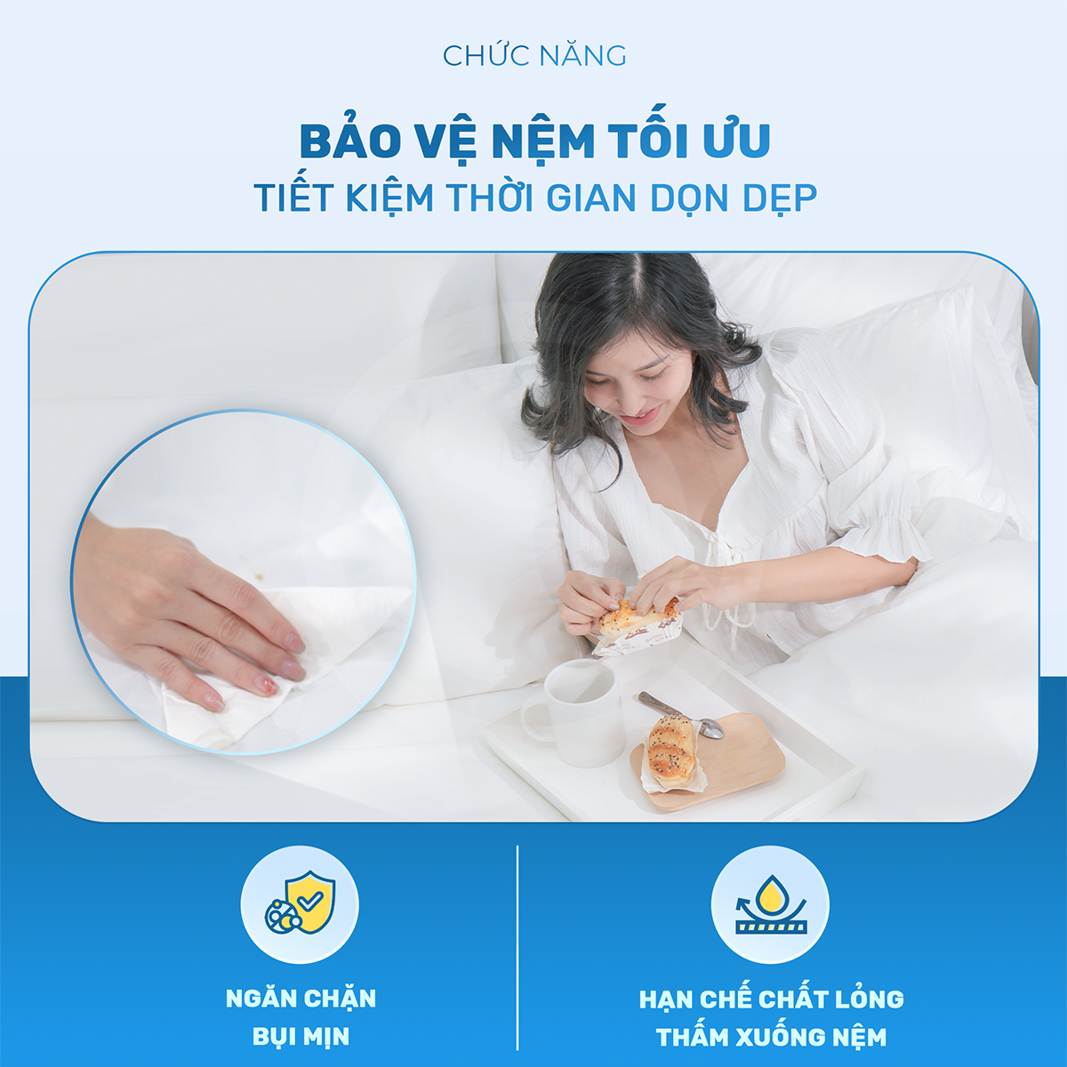 Tấm bảo vệ đệm cao cấp 3 lớp chần bông ô vuông -  Ngăn nước bụi bẩn - Giữ sạch nệm