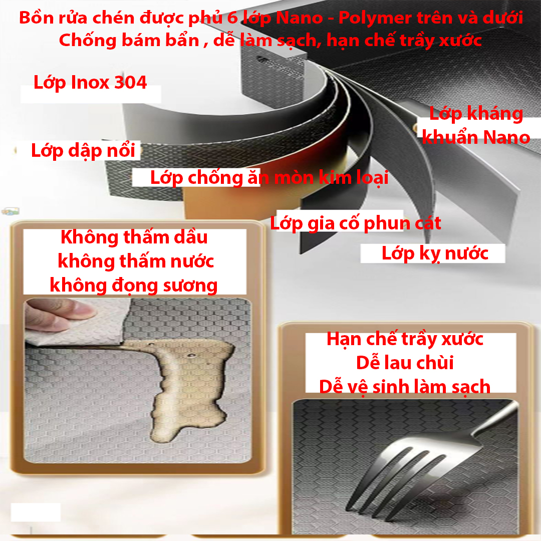 Chậu rửa bát 1 hố Inox 304 không rỉ, phủ Nano, Bồn rửa chén vòi xả thác Victory , dập vân nổi tổ ong