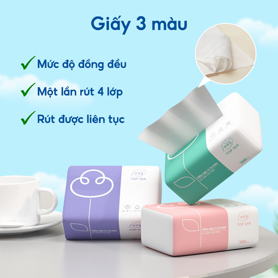 Khăn giấy topgia 4 lớp cao cấp dạng rút tiết kiệm, tiện lợi, siêu mềm mịn an toàn cho mọi loại da 16gói