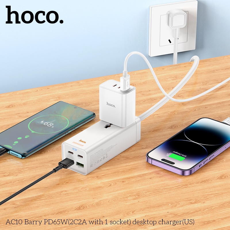 Ổ cắm điện đa năng sạc nhanh PD 65W cổng typeC + QC18W có 2*USB + 2*Type-C có 1 lỗ cắm tải 2500W dây dài 1.5m AC10 - hàng chính hãng