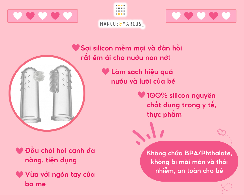 Bộ bàn chải và rơ lưỡi xỏ ngón silicon cho bé Marcus & Marcus, từ sơ sinh
