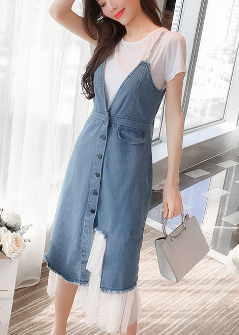 Đầm jeans yếm 2 dây phối voan