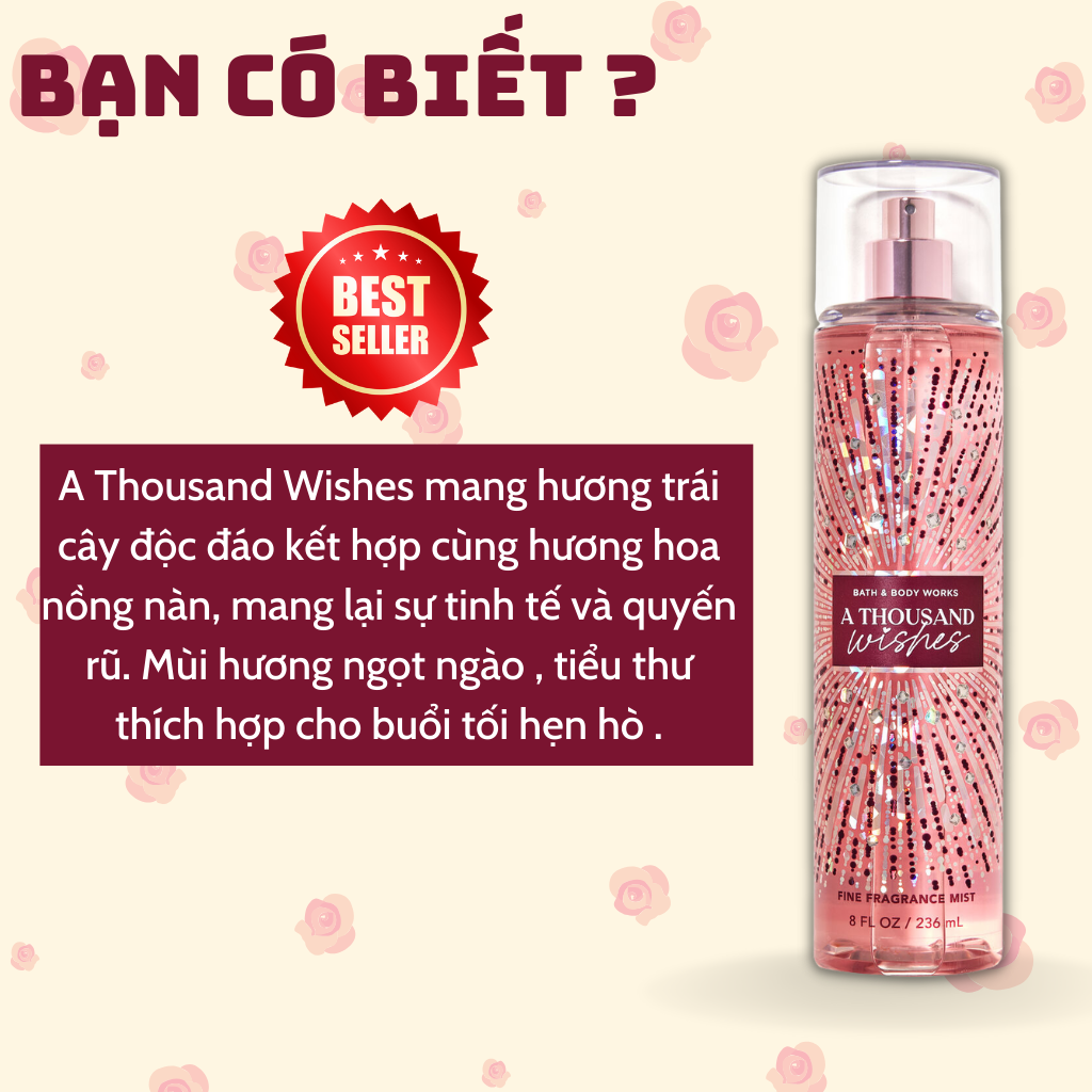 Body Mist Bath And Body Works Nam Nữ Chính Hãng A Thousand Wishes, Xịt Thơm Body Toàn Thân Hương Nước Hoa 236ml