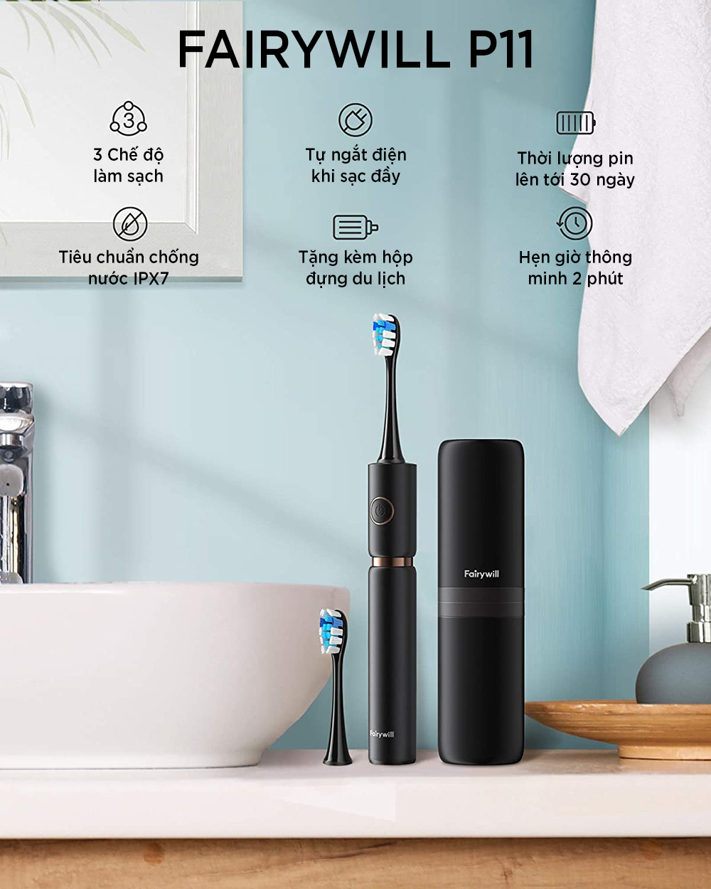 Bàn chải đánh răng điện FAIRYWILL P11 dòng cao cấp Sử dụng lên tới 30 ngày Tặng kèm 8 đầu thay thế Hẹn giờ tắt thông minh - Hàng Chính Hãng