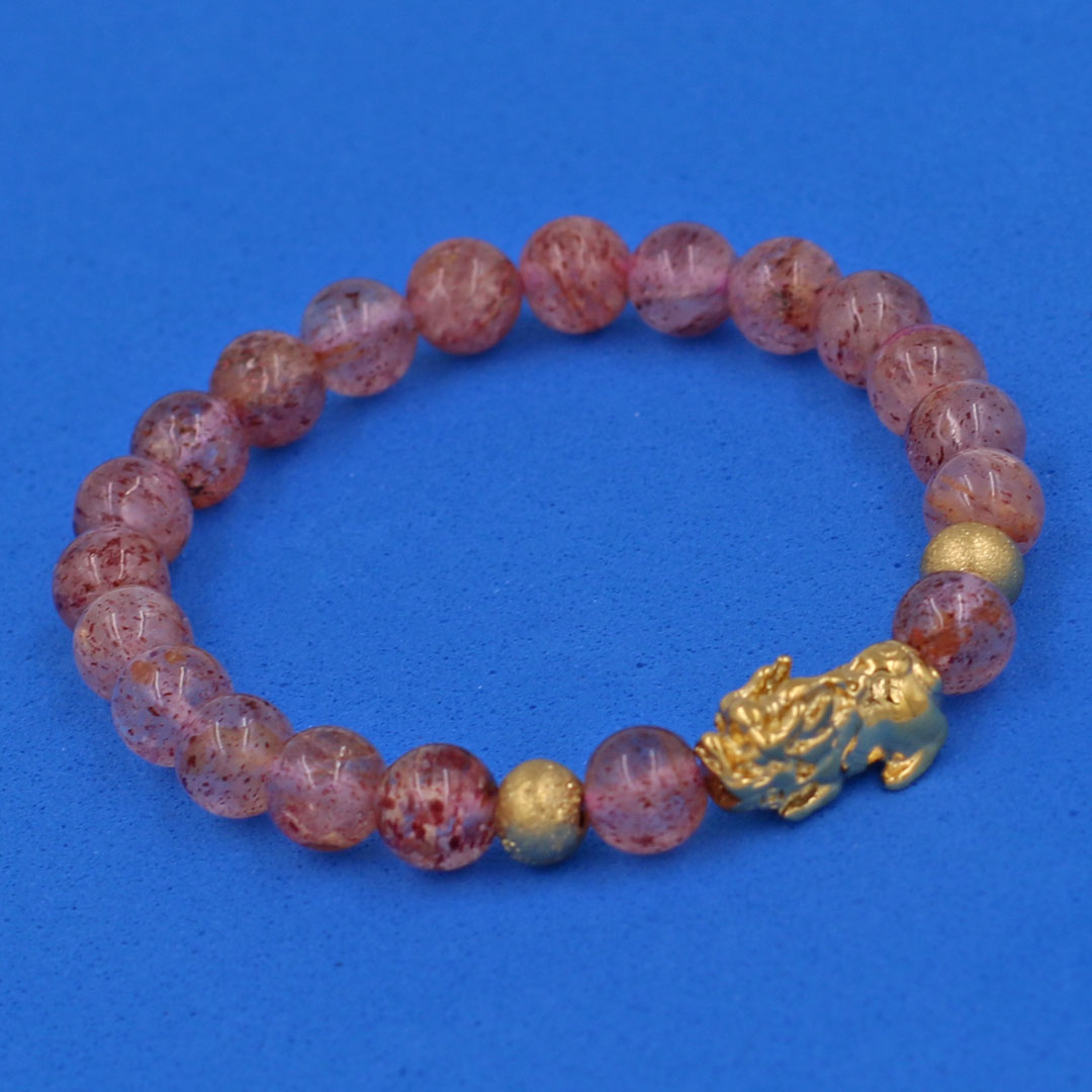 Vòng tay Thạch Anh Dâu Tây 6 ly cẩn Tỳ Hưu inox vàng VTADTTHHBV6 - hợp mệnh Hỏa, mệnh Thổ