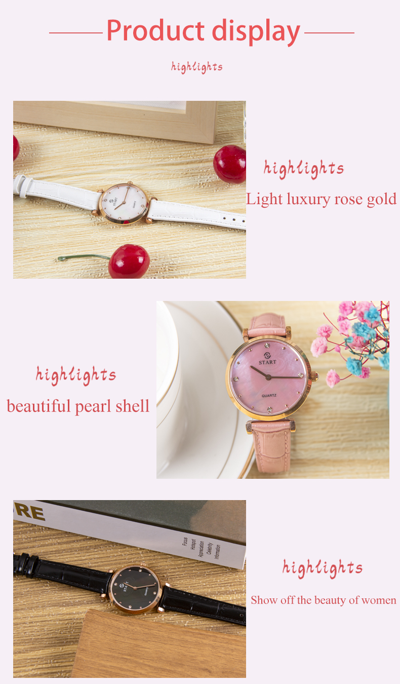 【START】đồng hồ nữ thời trang Mặt số xà cừ đồng hồ thạch anh thiết kế mỏng đồng hồ dây đai màu vàng hồng
