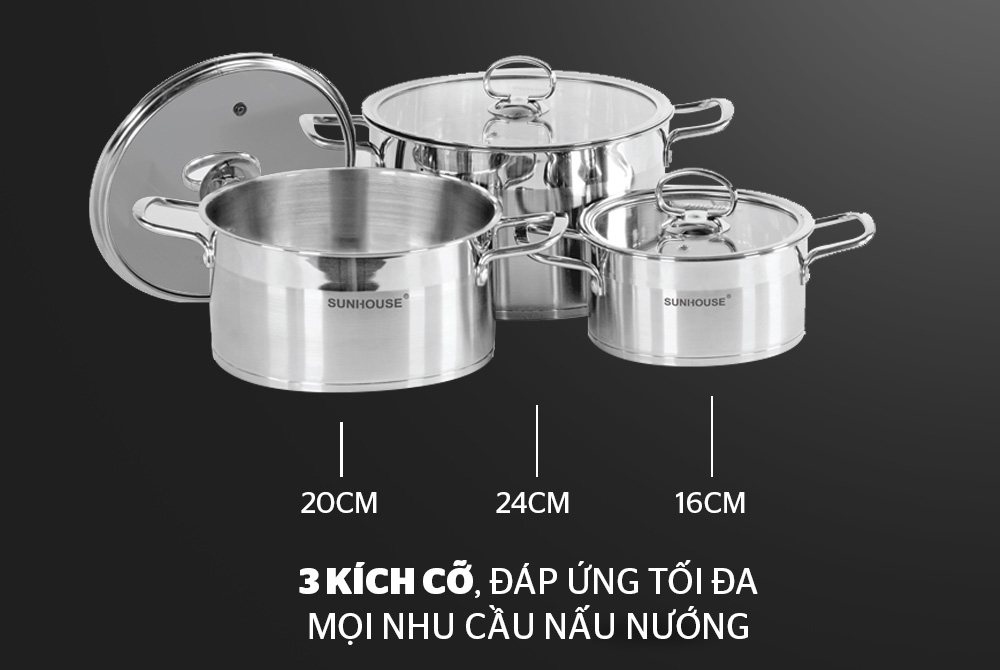 Bộ 3 Nồi Inox 5 Đáy Nắp Kính Sunhouse MAMA GN2IJC784SH (16cm, 20cm, 24cm)