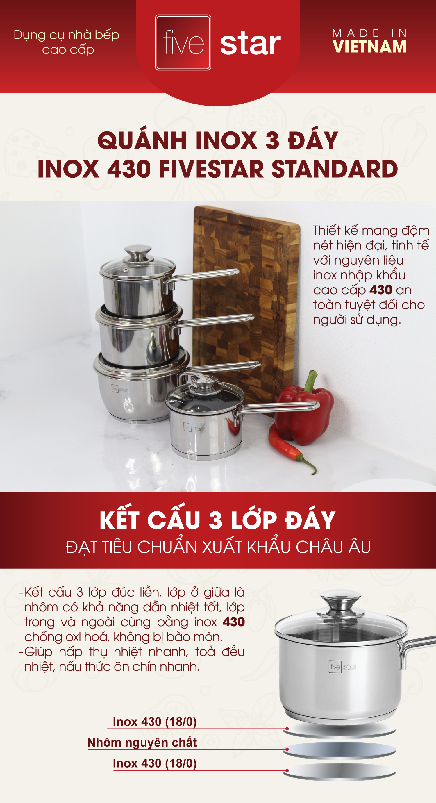 Quánh Inox 430 Bếp Từ 3 Đáy Fivestar Nắp Kính - Tặng 5 Muỗng Ăn Inox - Bạc