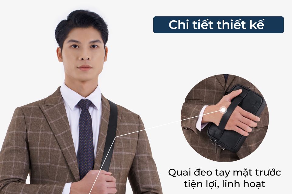 Clutch Đeo Chéo Ví Nam Cầm Tay GENCE RB08 Da Bò Khóa Vân Tay Cao Cấp Màu Đen