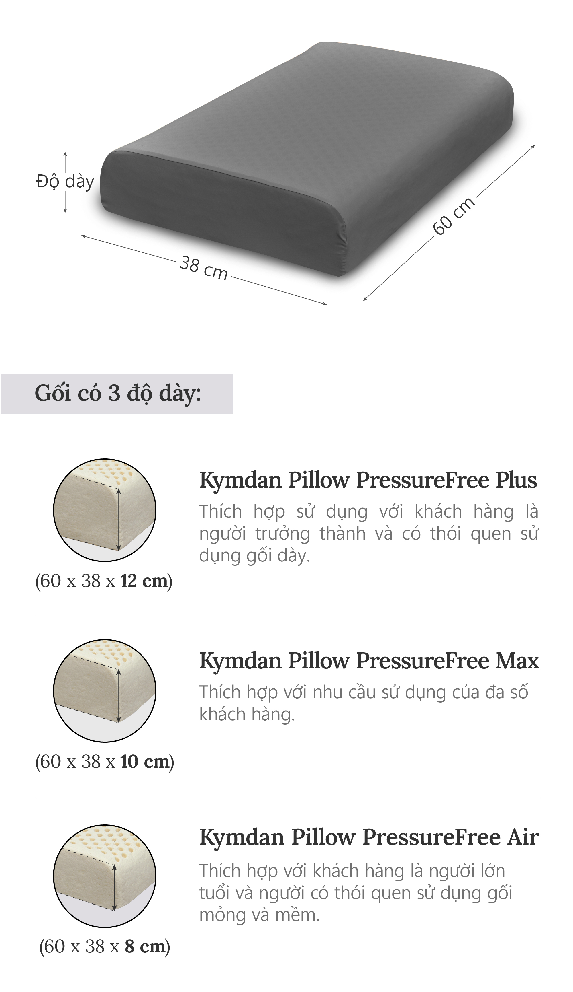 Gối cao su thiên nhiên Kymdan Pillow PressureFree Air 60 x 38 x 8 cm