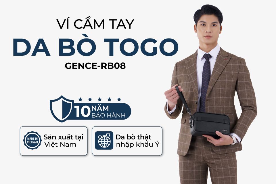 Clutch Đeo Chéo Ví Nam Cầm Tay GENCE RB08 Da Bò Khóa Vân Tay Cao Cấp Màu Đen