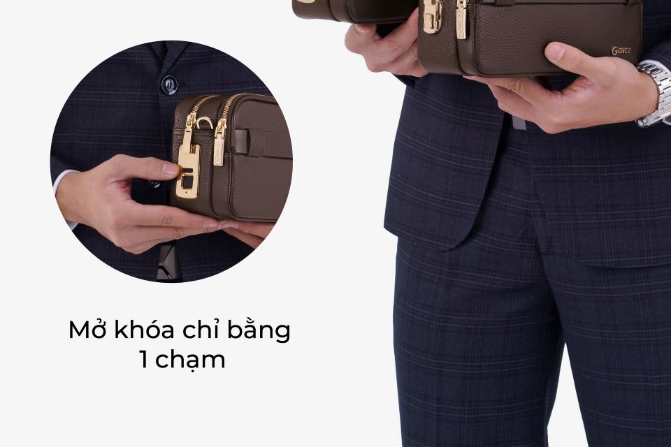 Ví Da Cầm Tay Clutch Nam Chính Hãng GENCE RB09 Da Bò Khóa Vân Tay Cao Cấp Màu Nâu