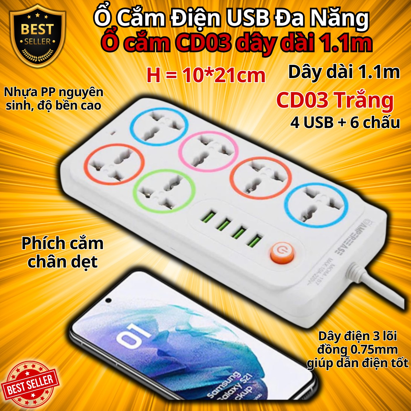 Ổ Cắm Điện USB Đa Năng Cao Cấp Chống Giật Dây Dài 0.9m – 1.1m và 1.8m, Ổ Cắm Điện Công Suất 2500W Có Chốt An Toàn